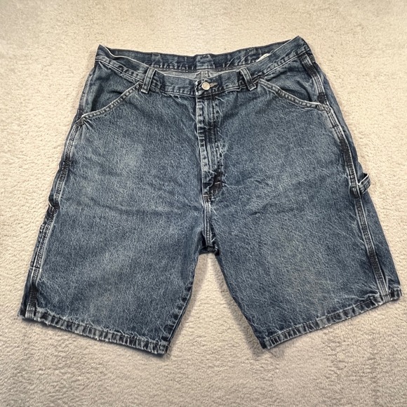 Vintage Y2K Wrangler Denim Carpenter Shorts Utility Pockets Blue Jeans Mens 36‎ - Picture 1 of 8